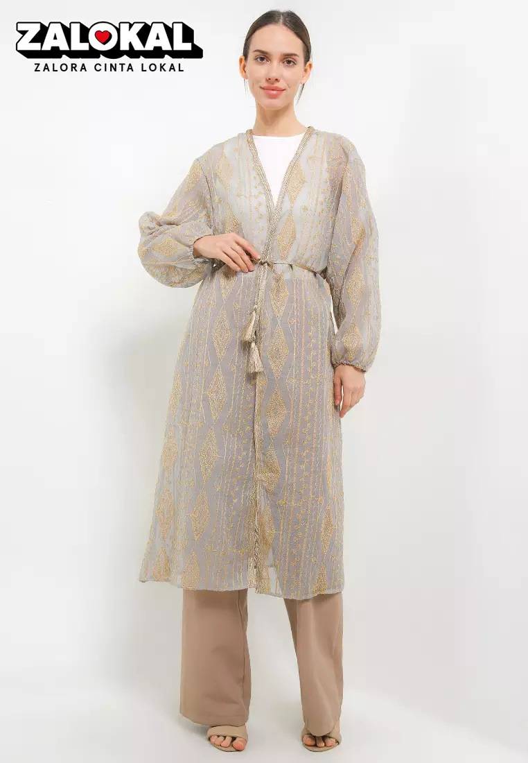 Ethnic Emb Linen Outer W/ Gold Tassel Belt
