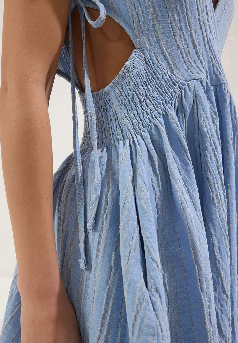 Blue Mini Woven Cut Out/Window Linen Blend Beach Dress TBESS24EL00075