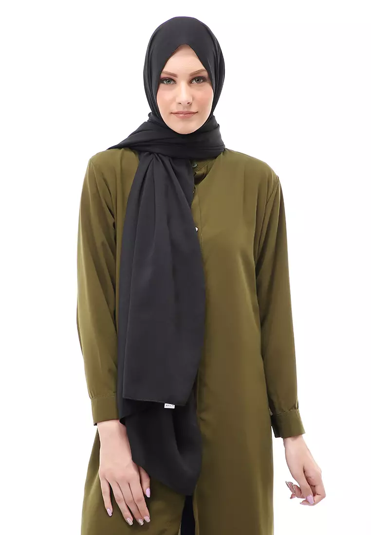 Cindy Hijab Pashmina Panjang Wanita Motif Polos Relaxed Fit - Hitam
