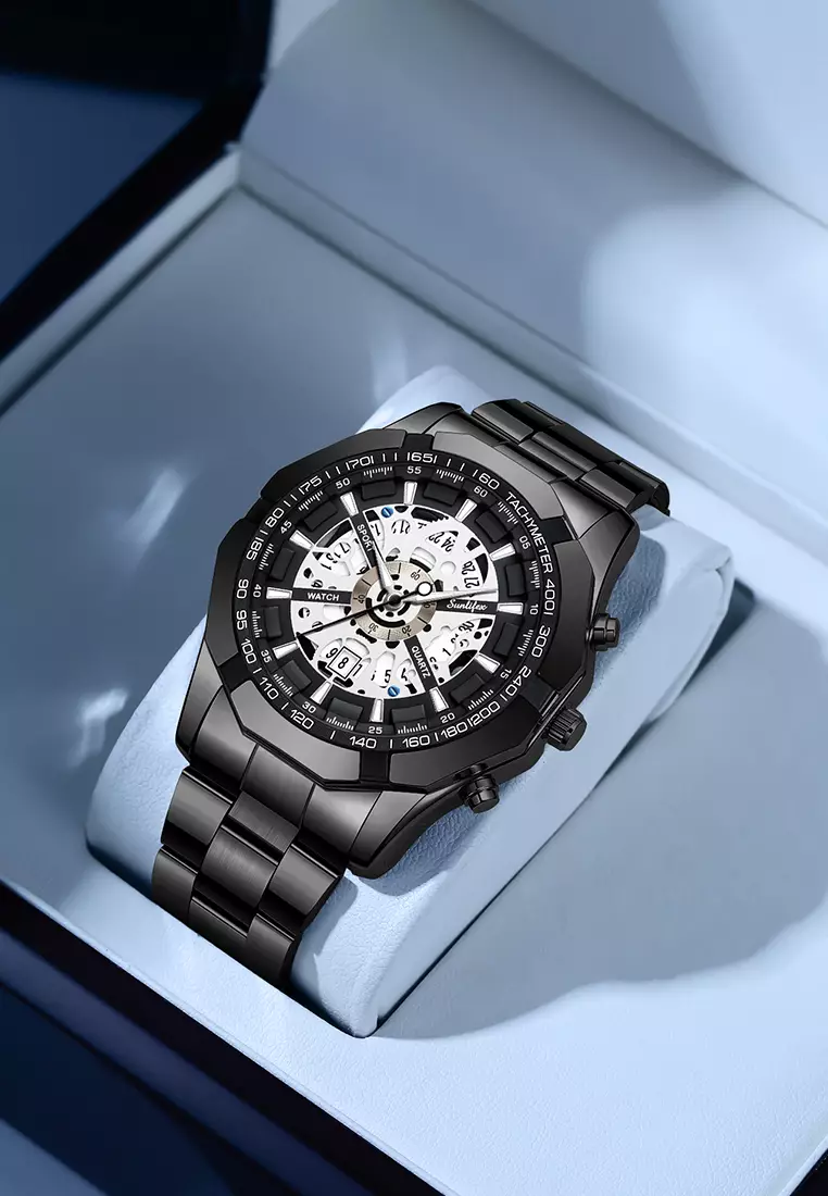 Jam Tangan Pria Original Calendar Luxury Bisnis Tali Stainless Steel Jam Tangan Cowok 9096 allblack