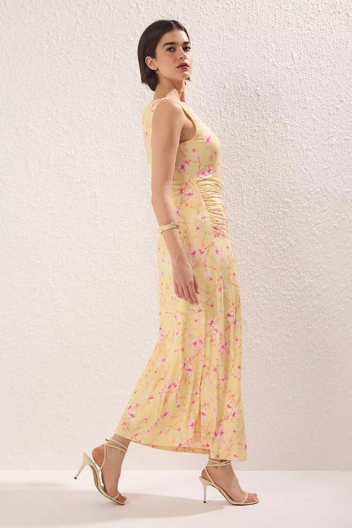 Orange Flower Printed Bright Surface Boat Rock Body-Hugging Stretchy Knitted Pencil Dress Twoss24El00528