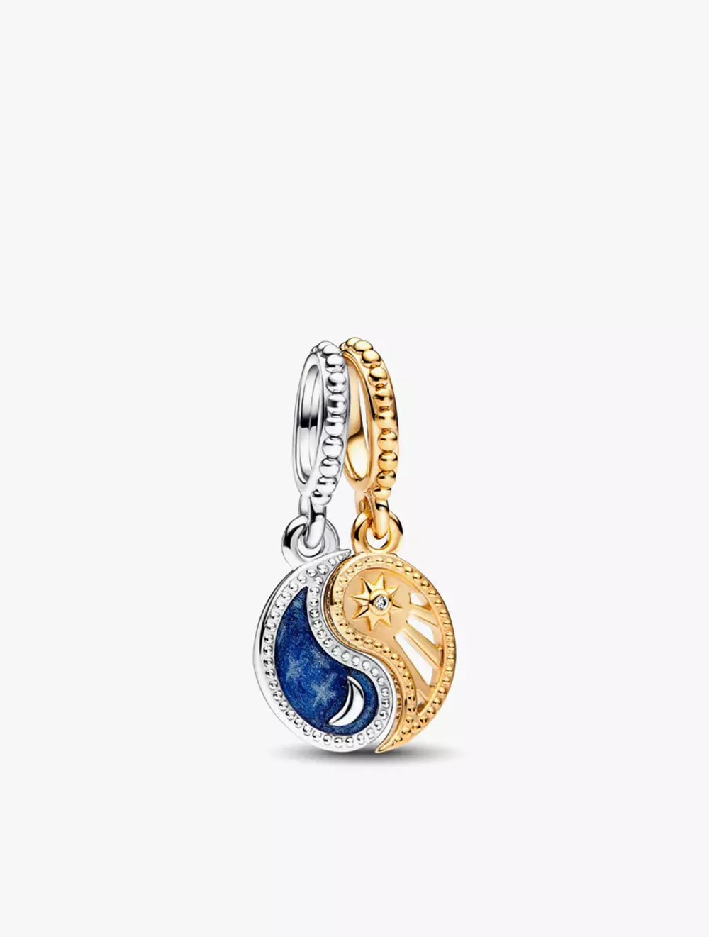 Yin yang sterling silver and 14k gold-plated splittable dangle with clear cubic zirconia and glittering shaded blue enamel