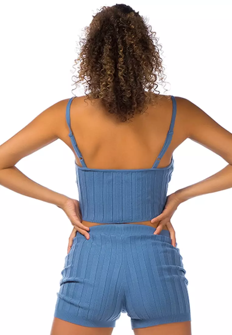 Rib Knit Spaghetti Crop Top in Denim Blue