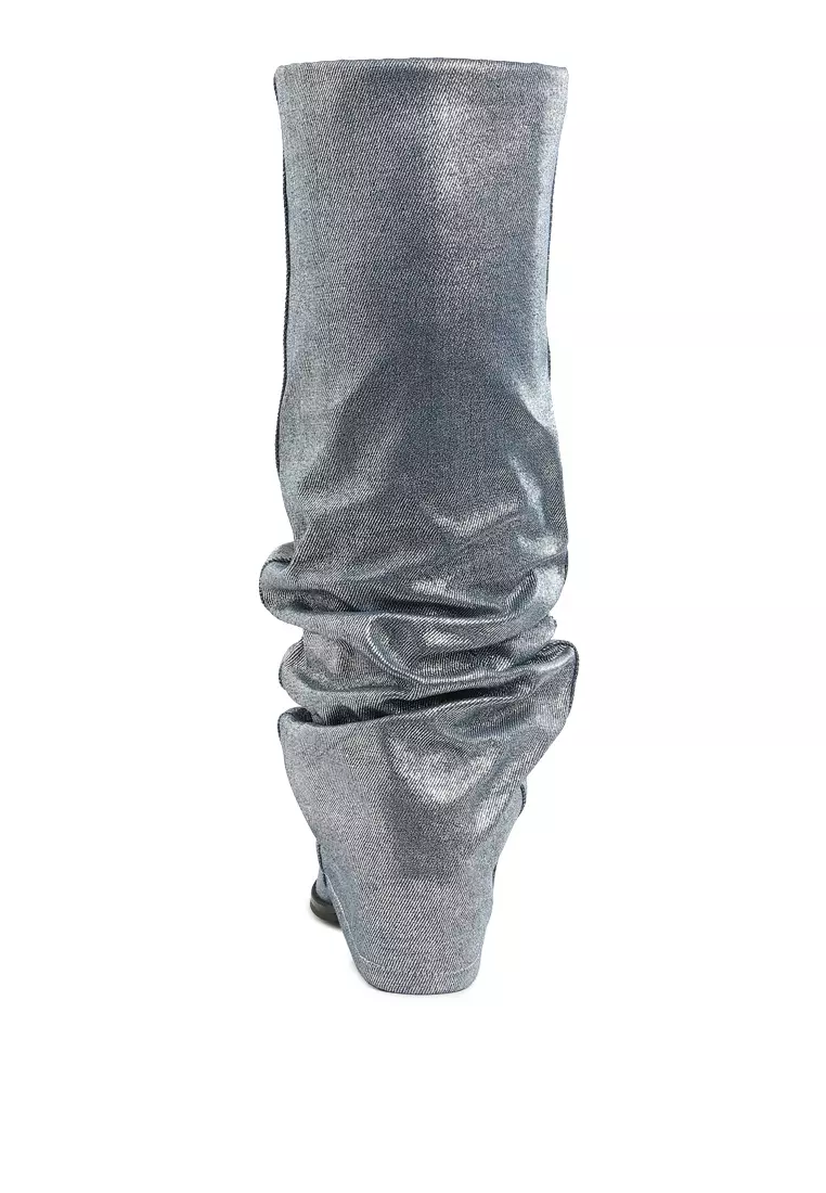 Fold-Over Slouchy Denim Boot in Blue