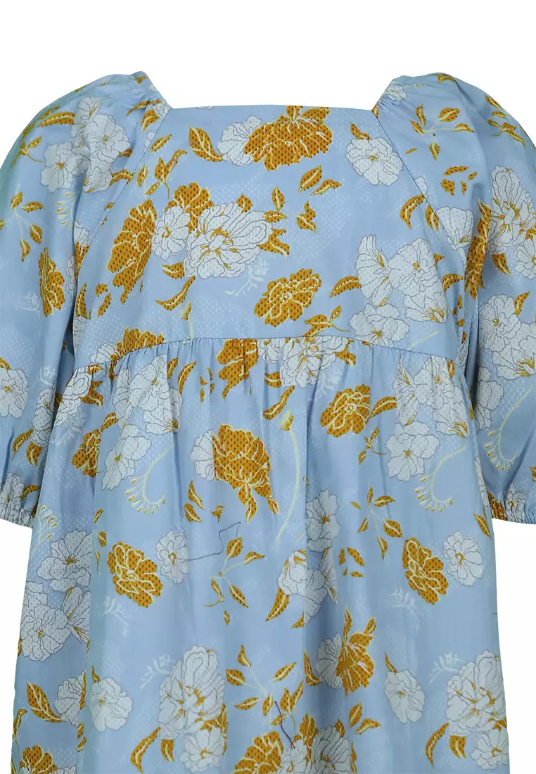 Qna Girl Queensha Midi Dress Anak Biru Motif Bunga