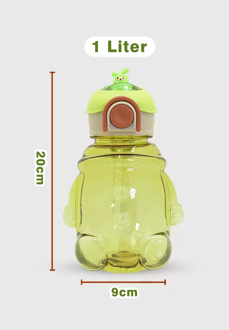 Wakakids Botol Minum Anak Plastik Model Boneka dengan Sedotan dan Tali Panjang Free Sticker Lucu 2D dan 3D 1 Liter K262 Venhs Hijau
