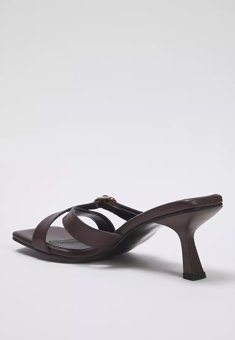 Brown Gold Buckle Square Toe Women's Heeled Slippers Takss25To00035