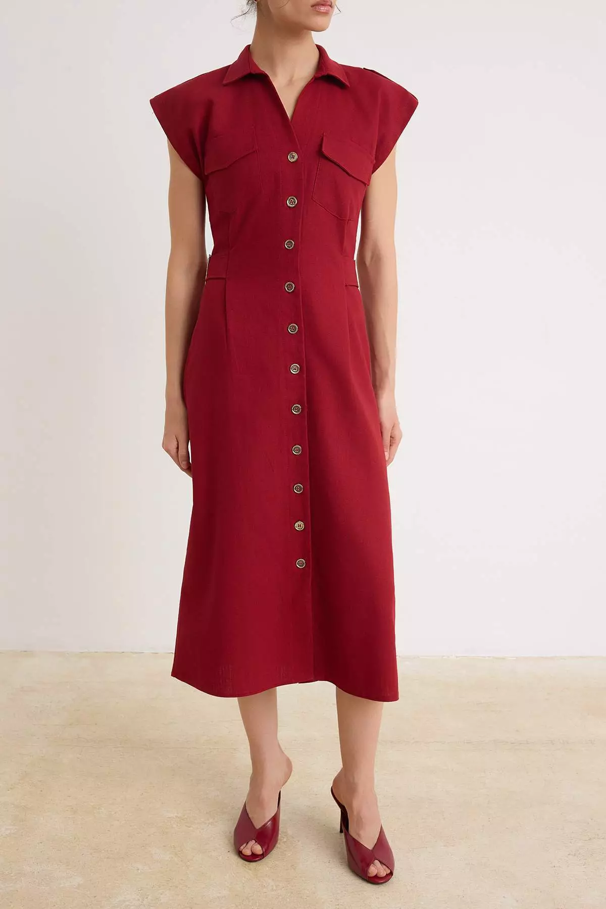 Burgundy Accessory Detailed Buttoned Midi Woven Shirt Dress Twoss26El00125