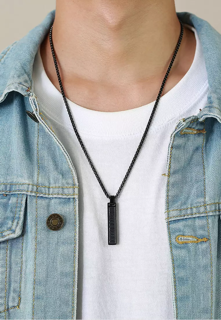 Titanium Steel Rectangular Bar Roman Numerals Pendant Necklace JW QX-1490