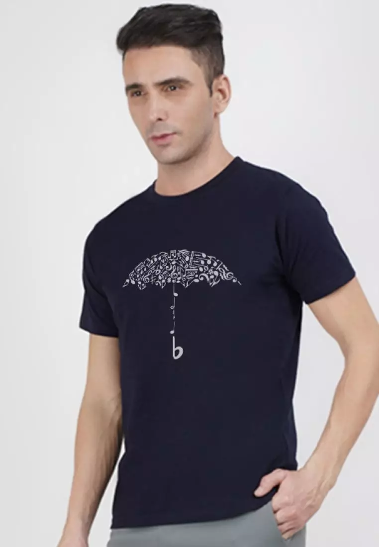 Rain Graphic Navy Blue Cotton Short Sleeve Regular Fit Tee
