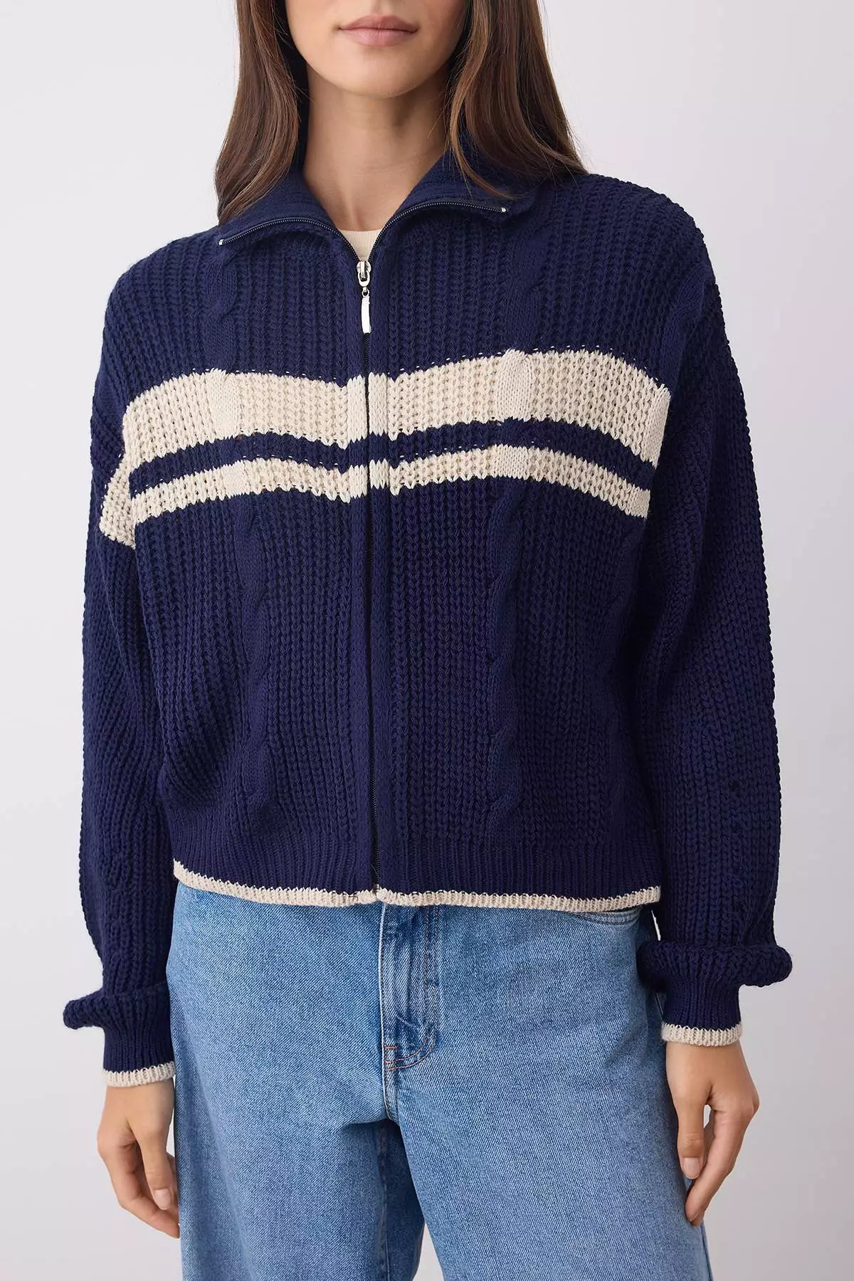Color Block Stand Up Collar Knit Cardigan