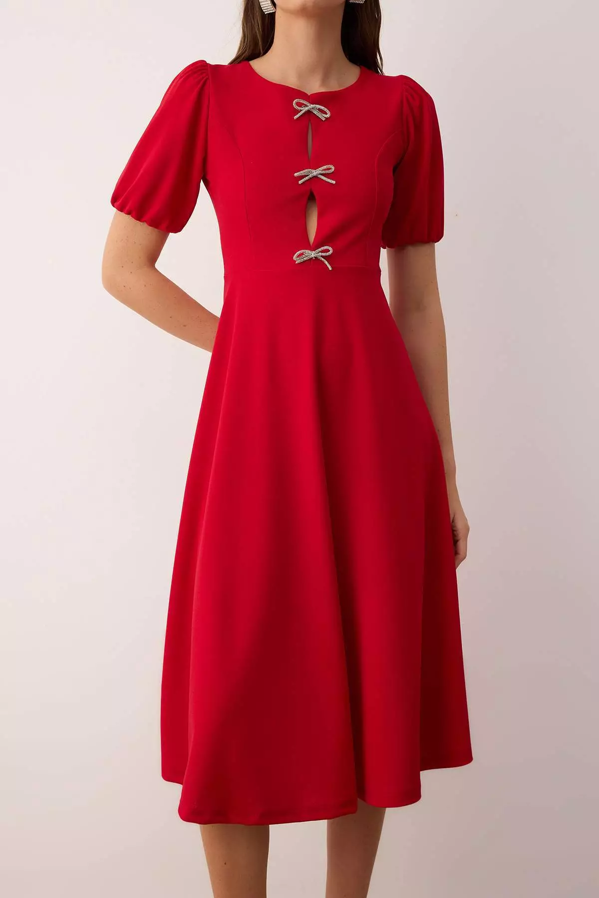 Red A-Line Bow Knitted Elegant Evening Graduation Dress