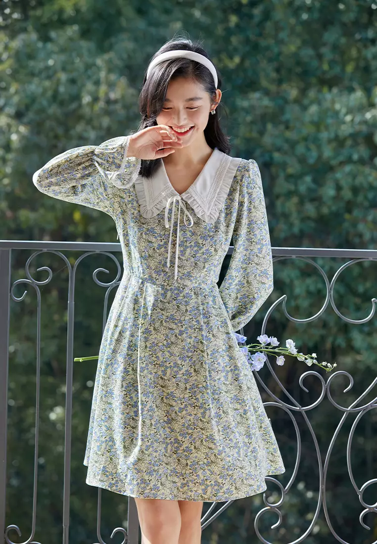 Long Sleeve V-Neck Vintage Collar Midi Floral Dress