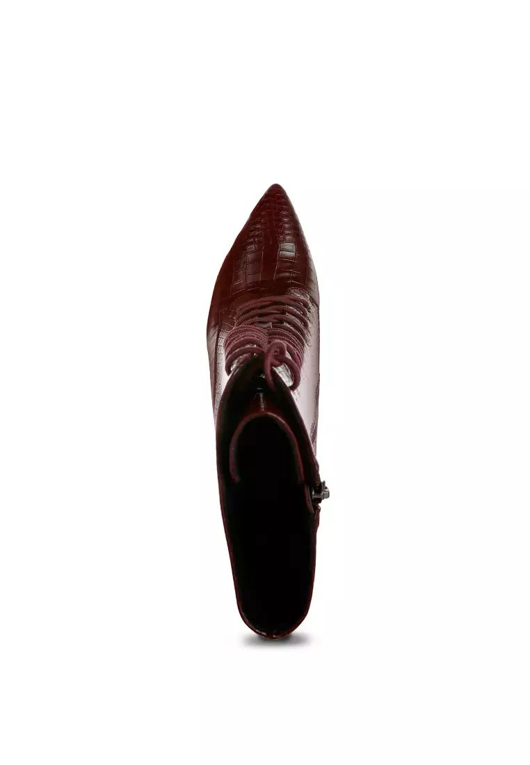 Croc Textured Over The Ankle Boots in Burgundy