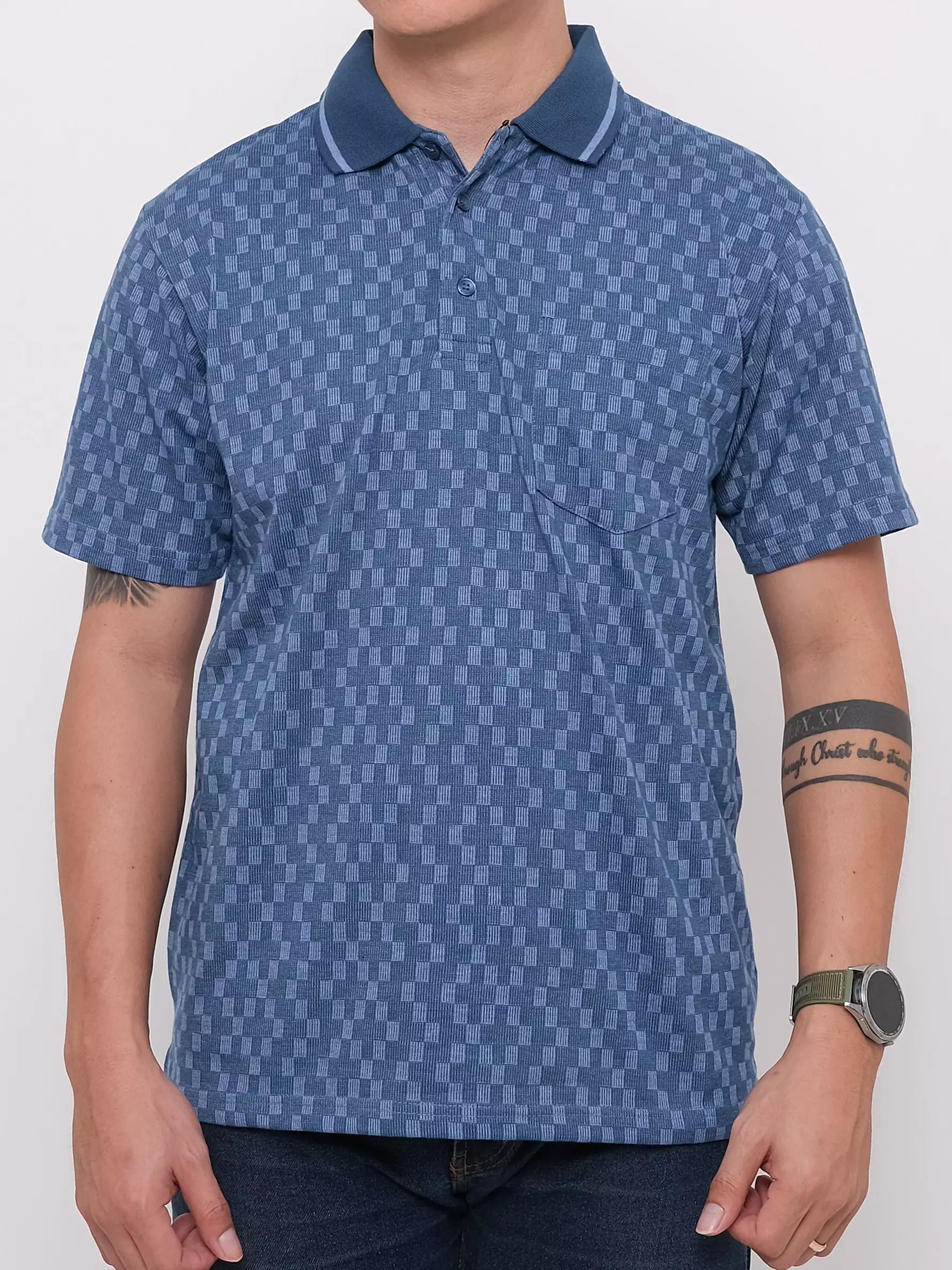 Andre Michel Polo Shirt Lengan Pendek Biru Motif Kotak 3428
