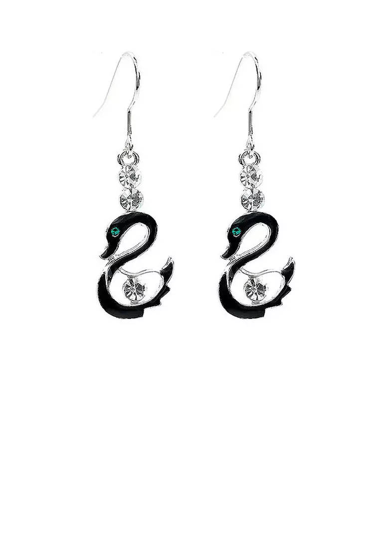 Black Swan Charm Earrings with Silver Austrian Element Crystals