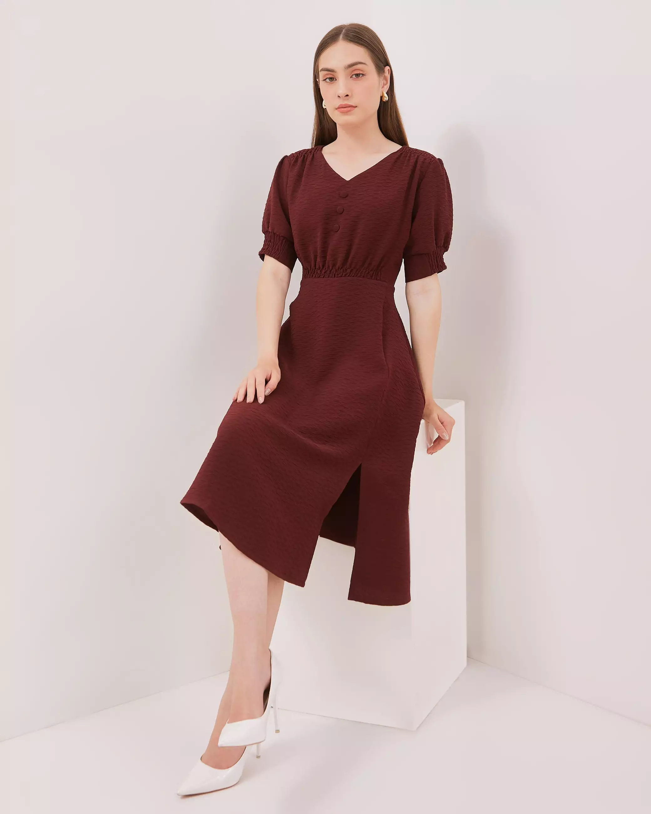 Urban Exchange Estella Midi Dress Maroon Warna Merah
