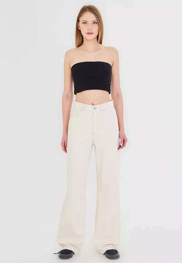 Ecru Cut-Off High Waist Straight Jeans TWOAW25JE00378