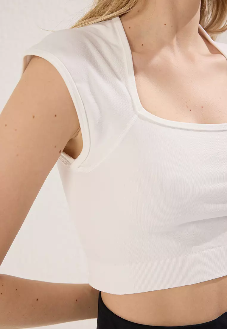 Ecru Seamless Square Neck Crop Knitted Sports Top/Blouse THMSS25BZ00000