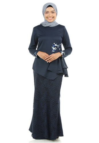 Dinara Kurung with Drapes from Ashura in Blue and Navy