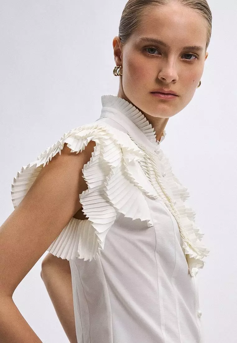 Ruffled Placket Top - White