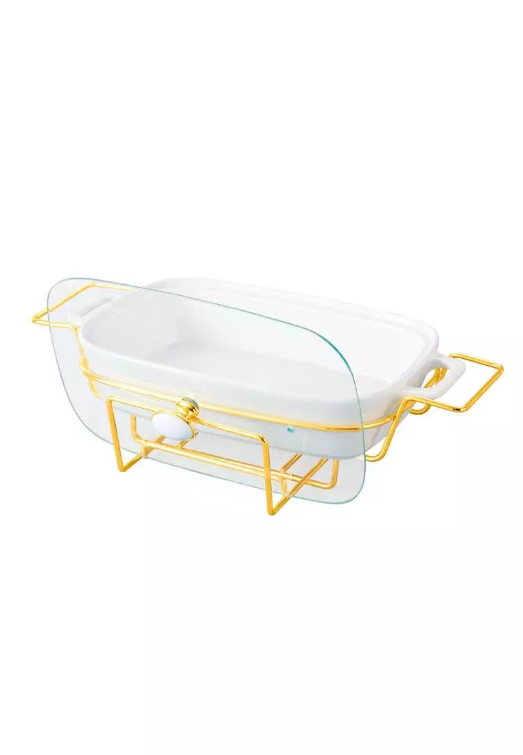 Premium Ceramic Rectangular Serving Dish with Glass Lid and Silver Plated  Metal Stand with Tealight Candle Holder 1000ml