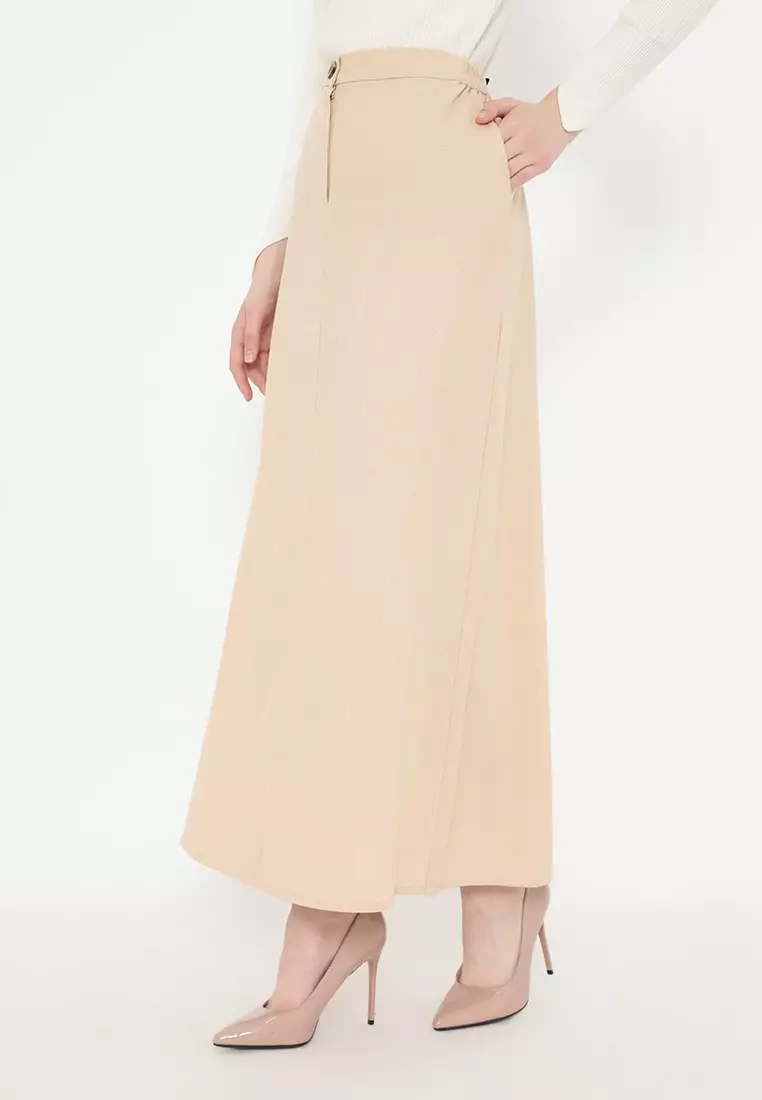 Skirt Basic A-Line Light Brown Hig Waist Linen Arlette By Brilliant Girl Warna Coklat Muda