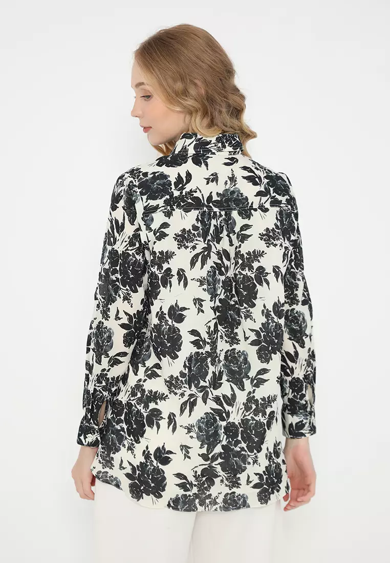 Cotton Shirt With Rose Pattern In White By Brilliant Girl Warna PUTIH