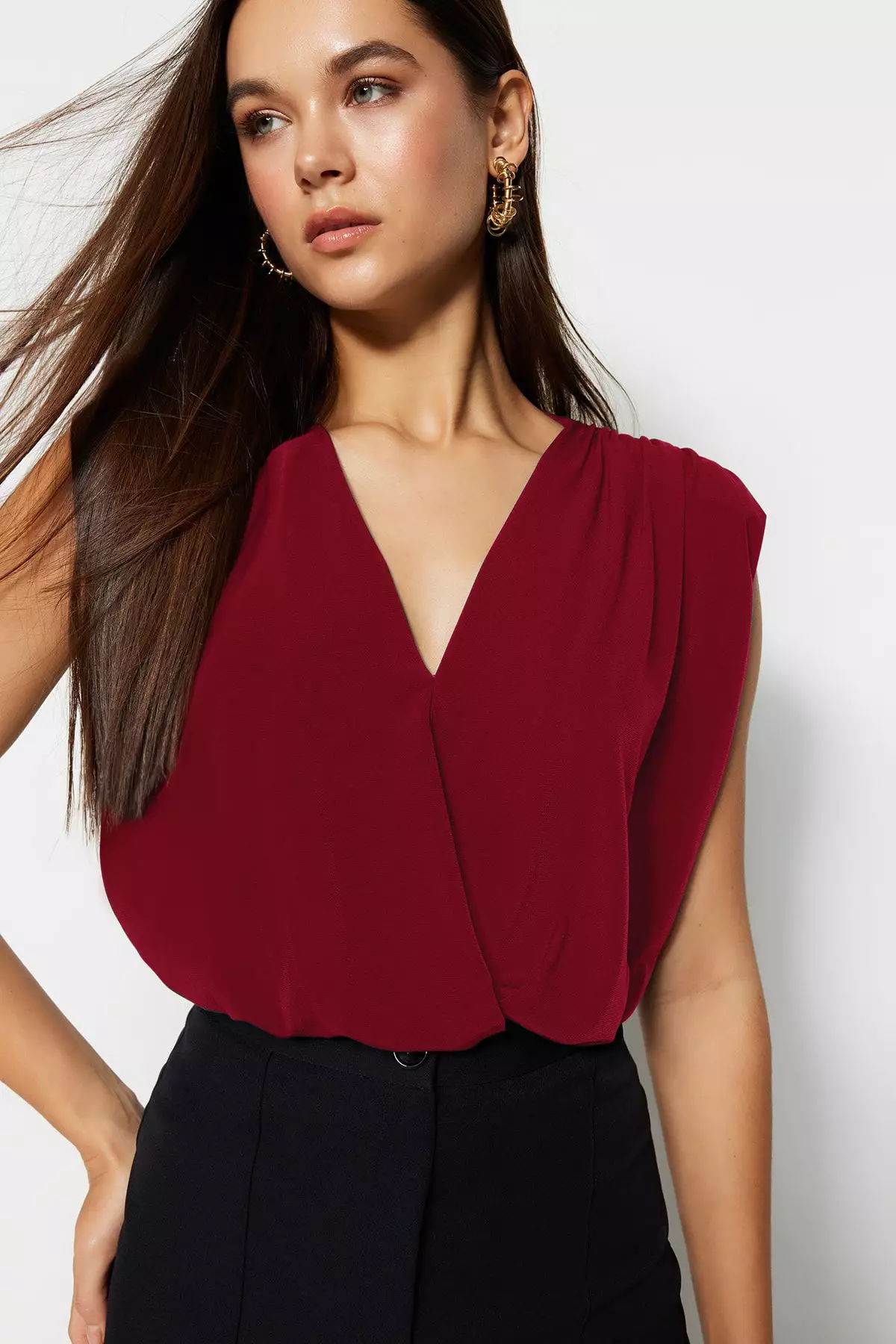 Red Padded Double Breasted Elastic Snap Knit Bodysuit TWOSS23BD00007