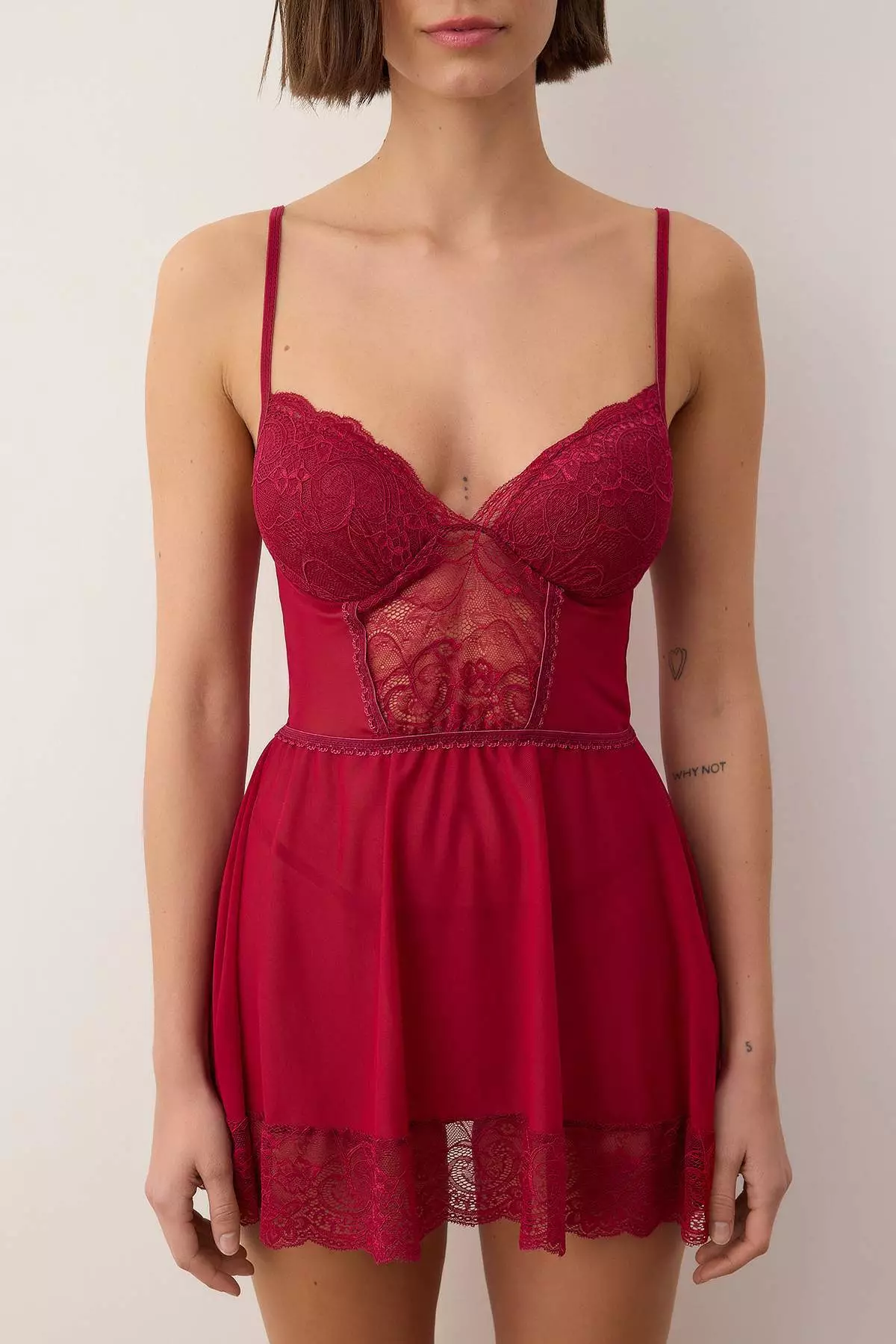 Burgundy Tulle Striped Lace Detailed Covered Panty Babydoll/Fantasy Nightgown Thmaw26Cy2