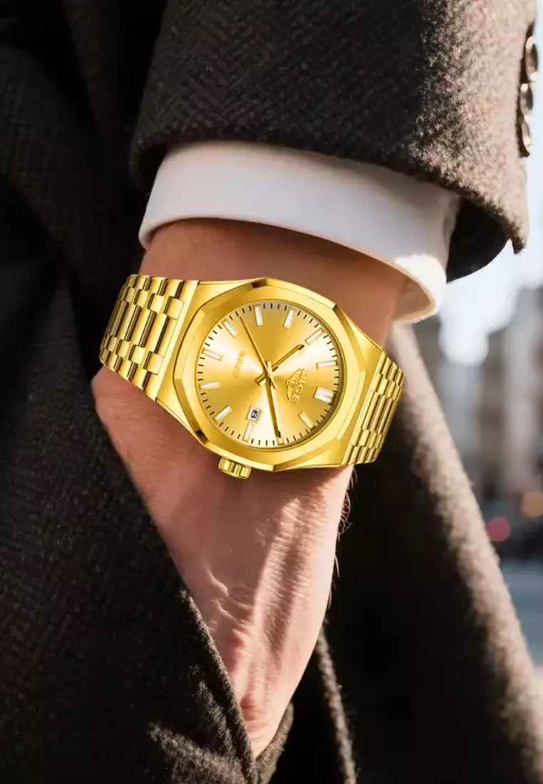 Unisex Gold Color Stainless Steel Quartz Watch, with Date, Gold Color Steel Bracelet