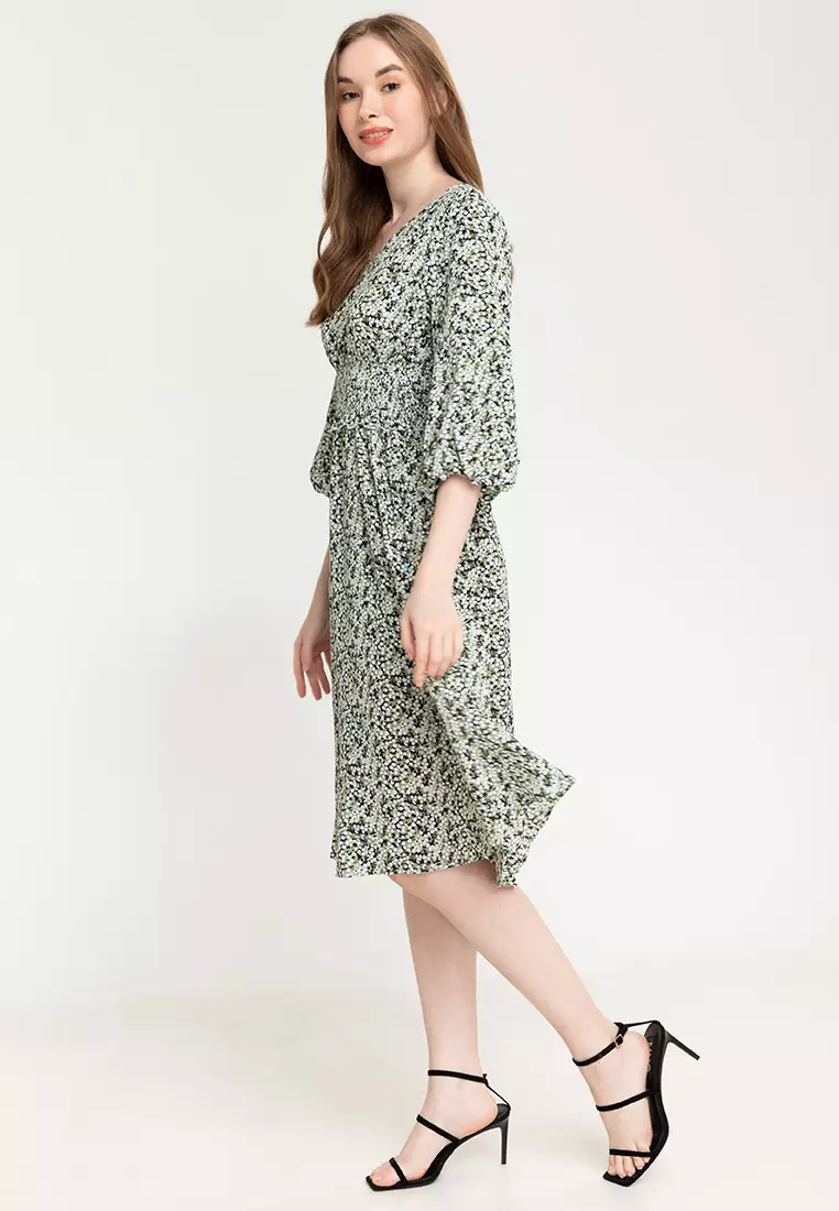 Clarence Printed V-neck Smocked Dress