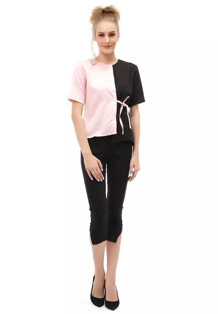 Cheva Blouse Atasan Wanita Kasual Zigzag Tali Ikat Samping Kombinasi 2 Warna Material Moscrepe ORIGINAL - Black Peach