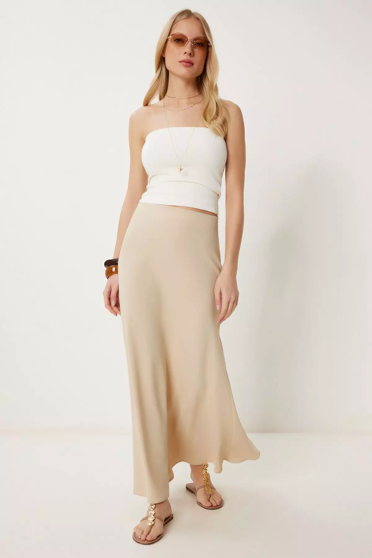 Women's Beige A-Line Draped Long Woven Skirt Gk00019