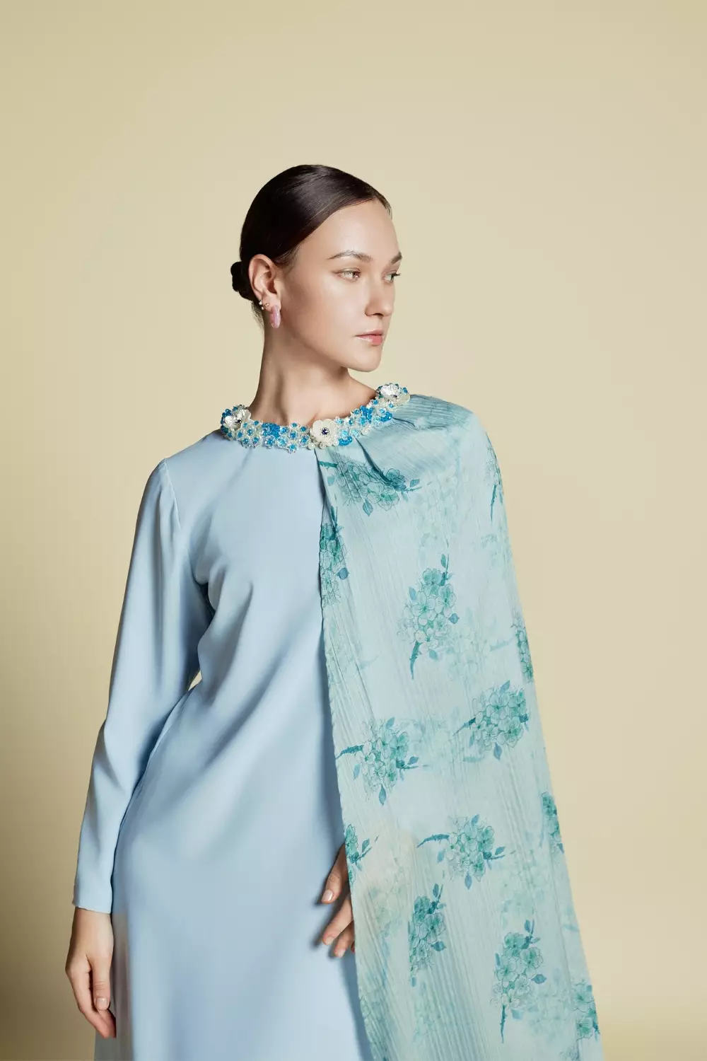 Demure Signature - Asymmetrical Side Cape Kaftan in Silk Pastel Green - Dress