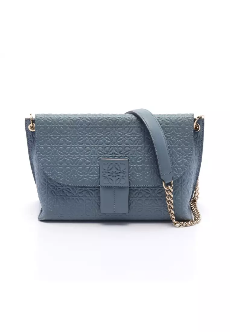 Pre loved LOEWE anagram avenue chain shoulder bag leather Blue gray