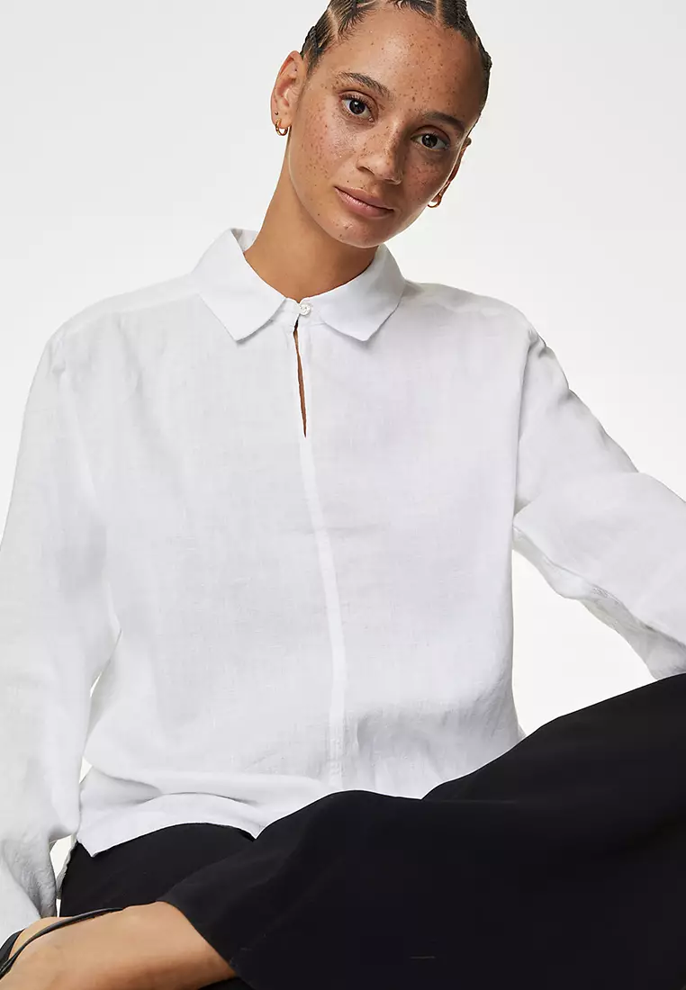 Pure Linen Collared Popover Blouse