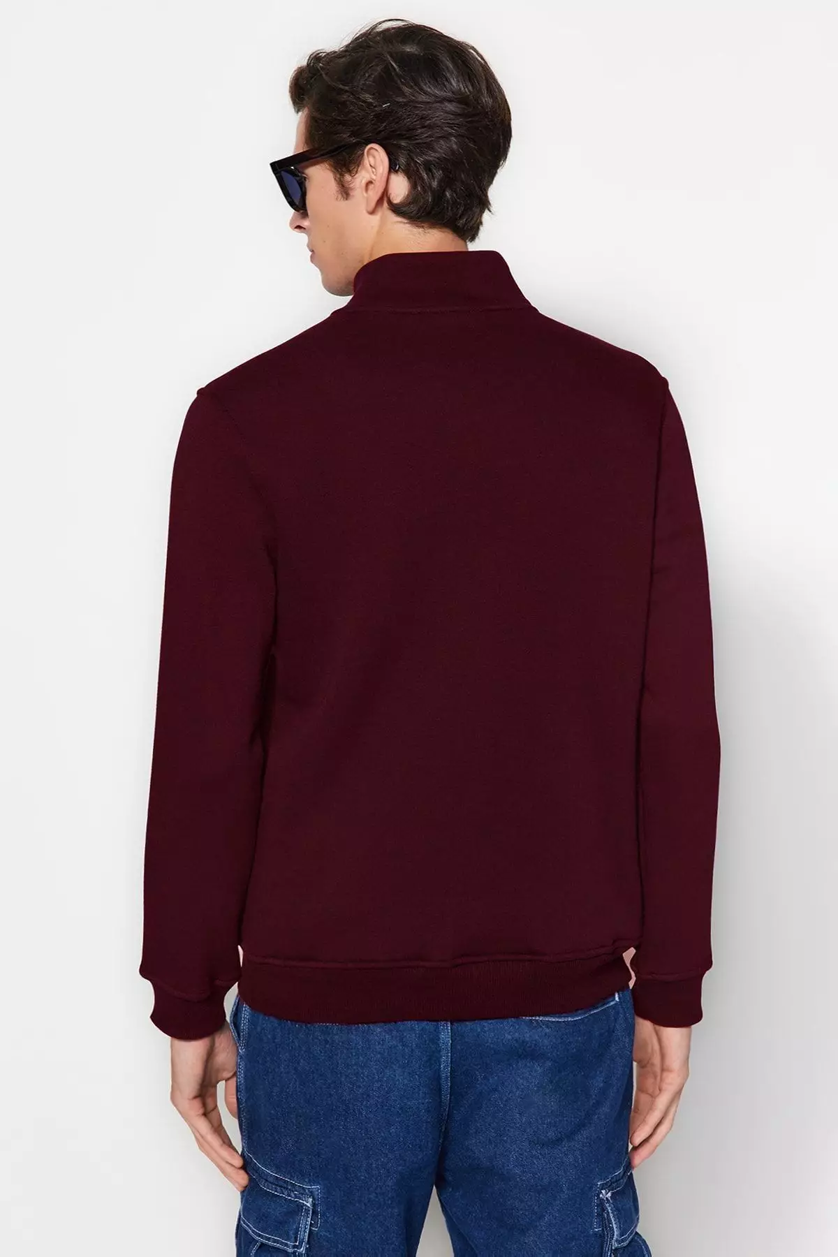 Claret Red Regular/Normal Cut Stand Collar Zippered Inside Polar Fleece/Warm Basic Sweatshirt Tmnaw24Sw00041
