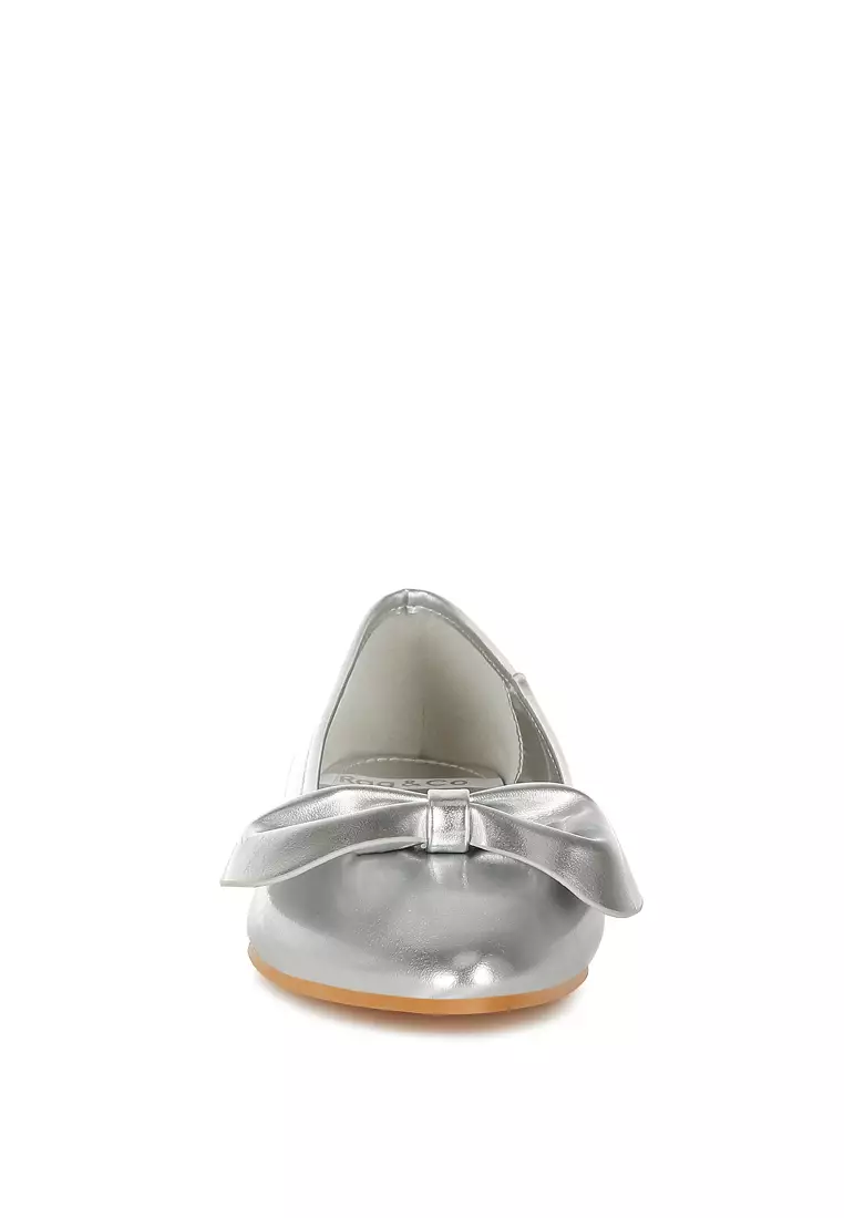 銀色金屬皮蝴蝶結芭蕾舞平底鞋