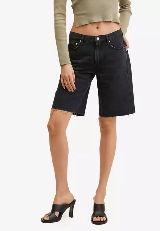 Denim Bermuda Shorts With Frayed Hem