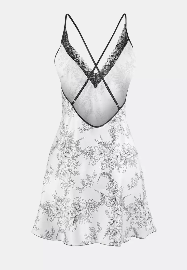Black-White 2'Li Dowry Set Floral Lace Detailed Satin Woven Dressing Gown + Nightgown Thmss25Gc32