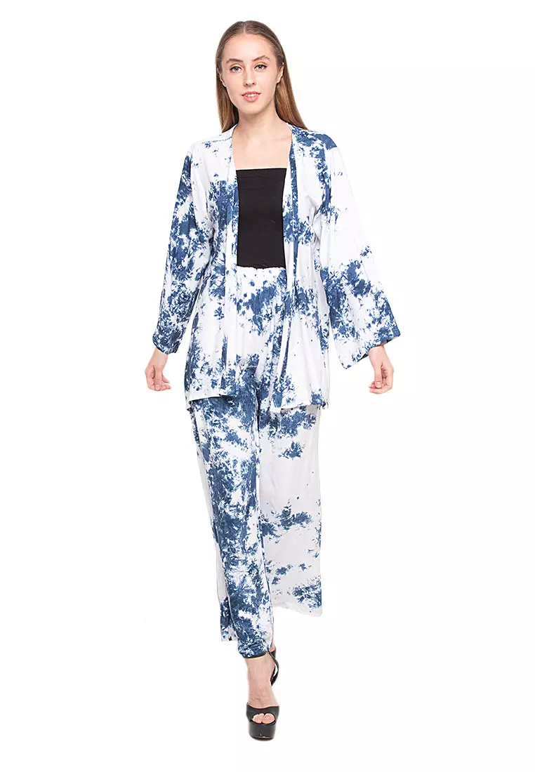 Darren Setelan Wanita Long Sleeves Atasan Dan Bawahan Motif Abstrak Relaxed Fit - Smoke Navy