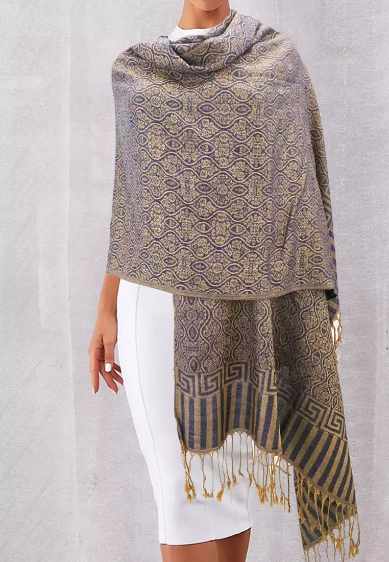 Aksesoris Wanita Reversible Viscose Floral Bateeqa Pattern Pashmina Shawl Syal Wanita Grape