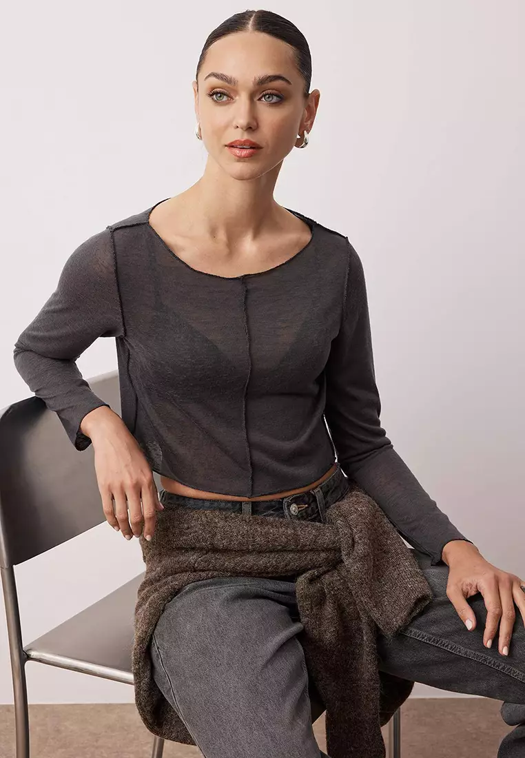 Anthracite Transaparan Ribbed Regular/Normal Fit Crop Knitted Blouse