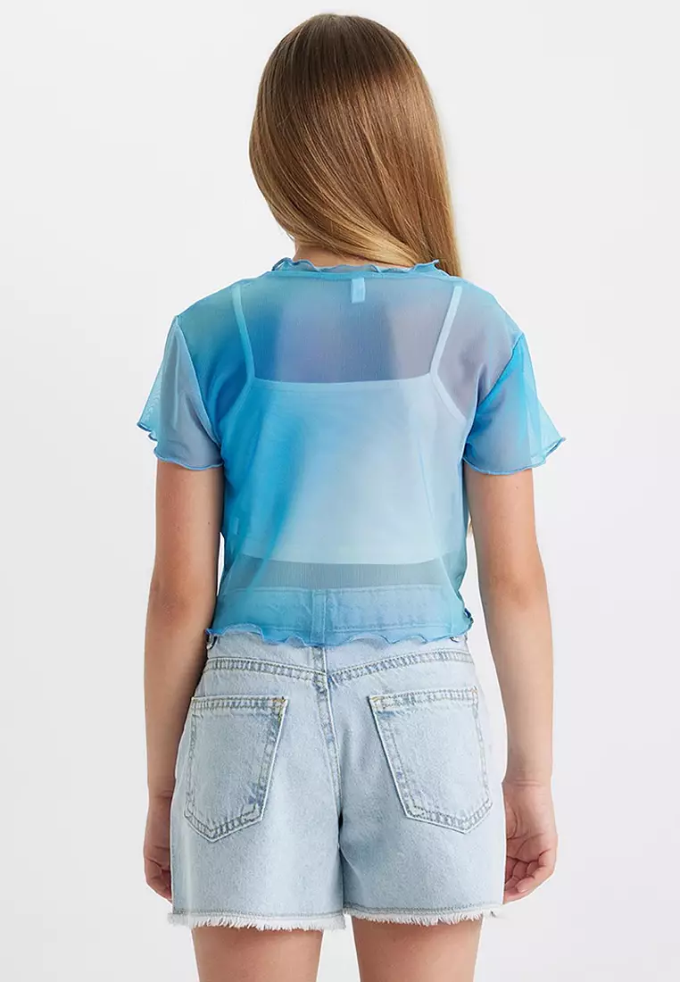 Crop Crew Neck Gradient Printed Tulle Short Sleeve T-Shirt Undershirt 2-Piece Set