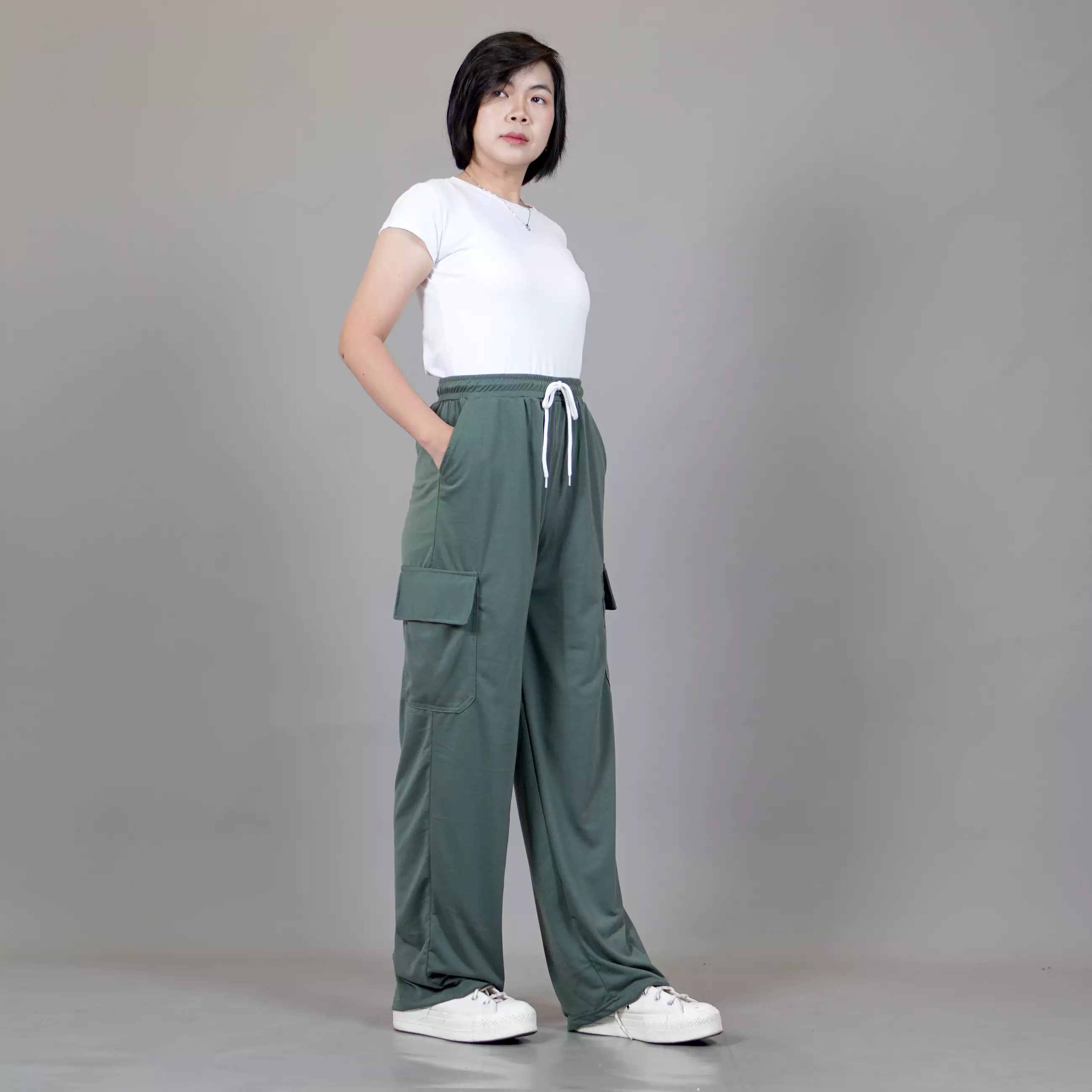  YOONA Celana Kargo Loose Fit Cargo Pants Wanita - SAGE