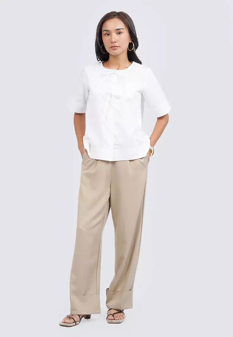 Tied Front Short Sleeve Blouse OFF WHITE