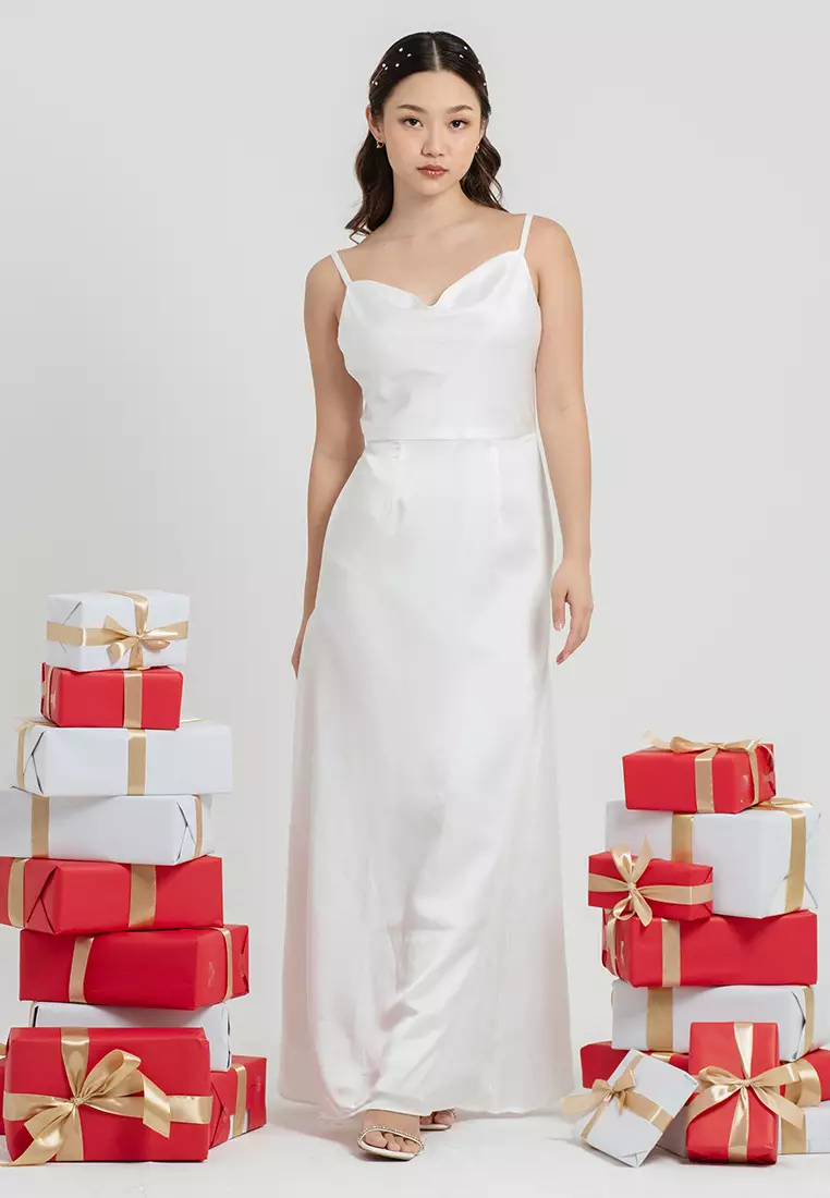 Cowl Neck Backless Maxi Dress in White