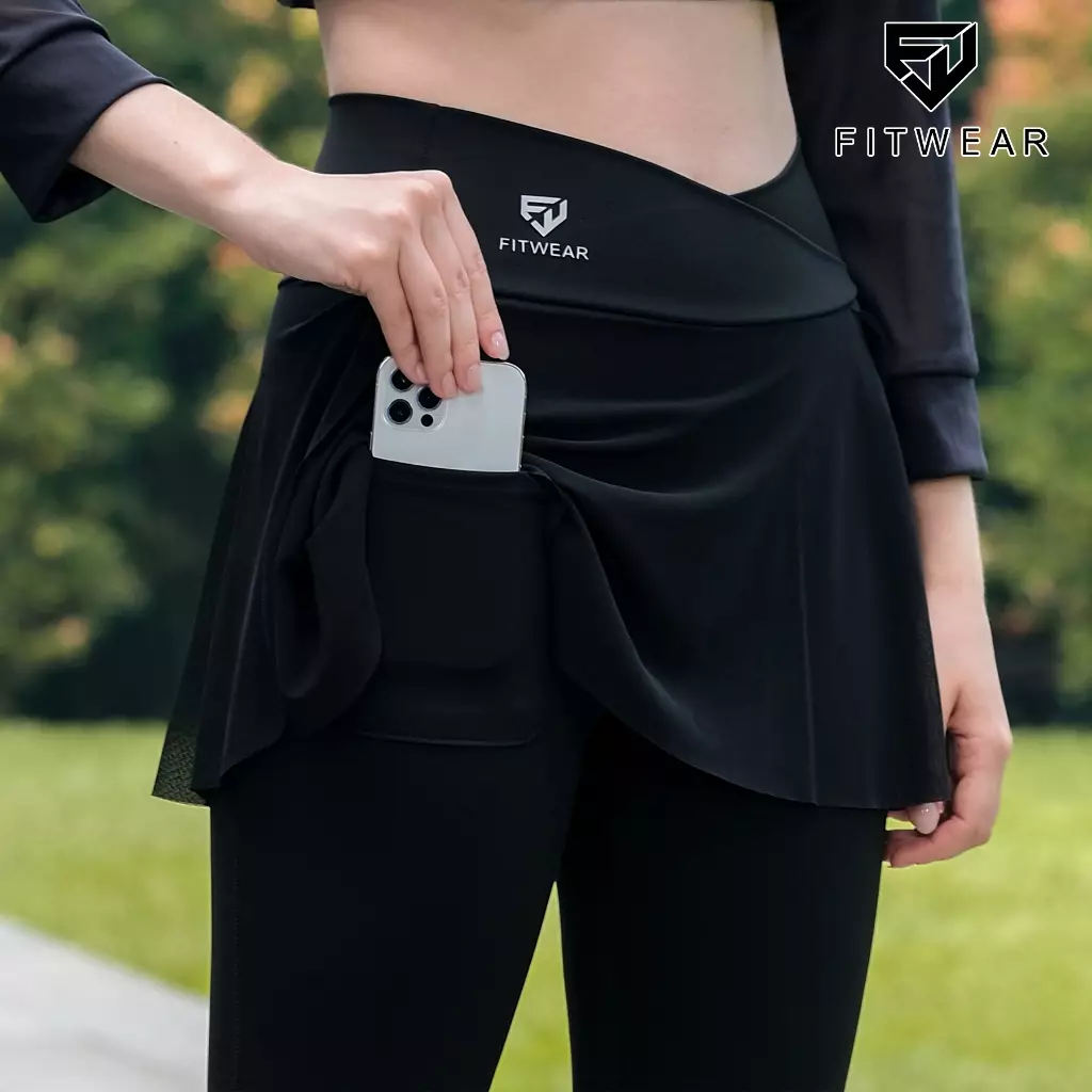 Fitwear Rok + Legging Olahraga Padel Wanita GRACE COMPRESSION MESH - BLACK V-WAIST