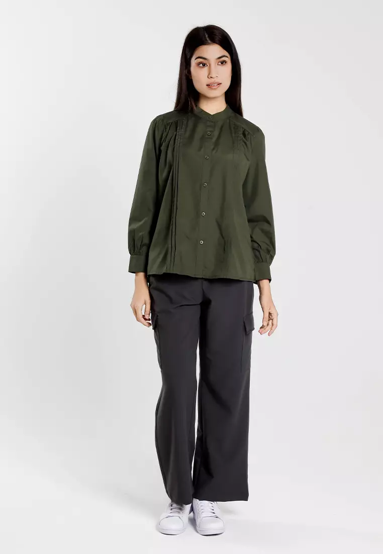 Forest Ladies Pleated Cargo Long Pants Women Wide Leg Pants | Seluar Panjang Perempuan - 810550-03DkGrey